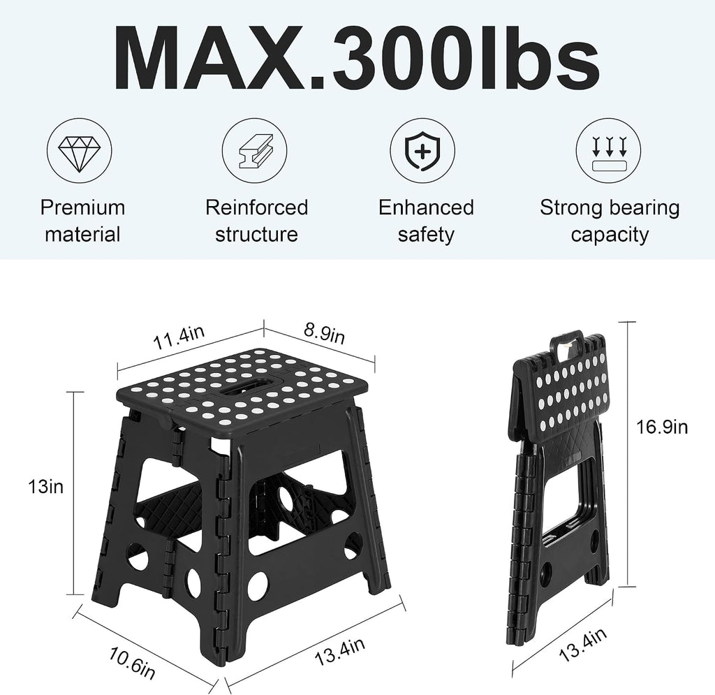 VECELO Folding Step Stool 13 Inch, Non-Slip Surface Portabl Foldable 1 Step Stool with Carry Handle, Heavy Duty to Support Kids/Toddler/Adults for Living Room Kitchen, Bathroom, Set of 2, Black