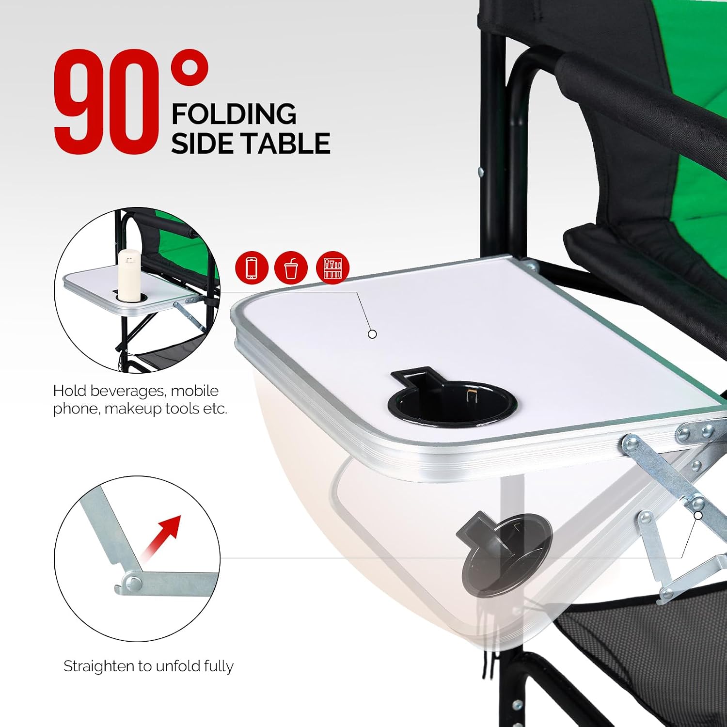 OmySalon 31" Extra Tall Director Chair w/Side Table, Heavy-Duty Steel Frame Portable Folding Bar Stool w/Storage Pockets, for Makeup Artist, Salon, Studio, Camping, 300 lbs Capacity (Green)
