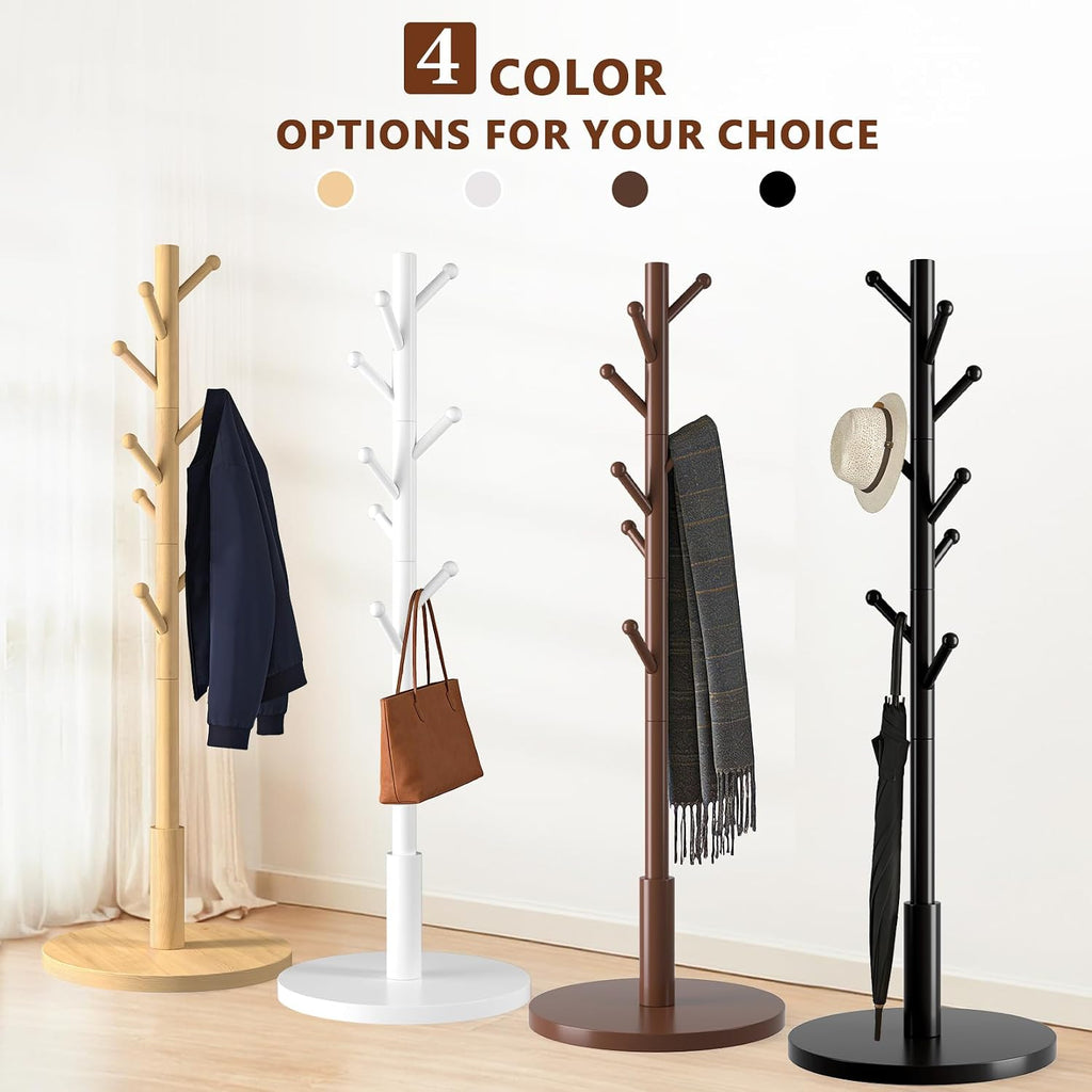Coat Rack Freestanding Wooden Coat Tree Stand with 8 Round-tip Hooks, 3 Adjustable heights Coat Hat Rack for Entryway,Bedroom,Hallway,Office (Black)