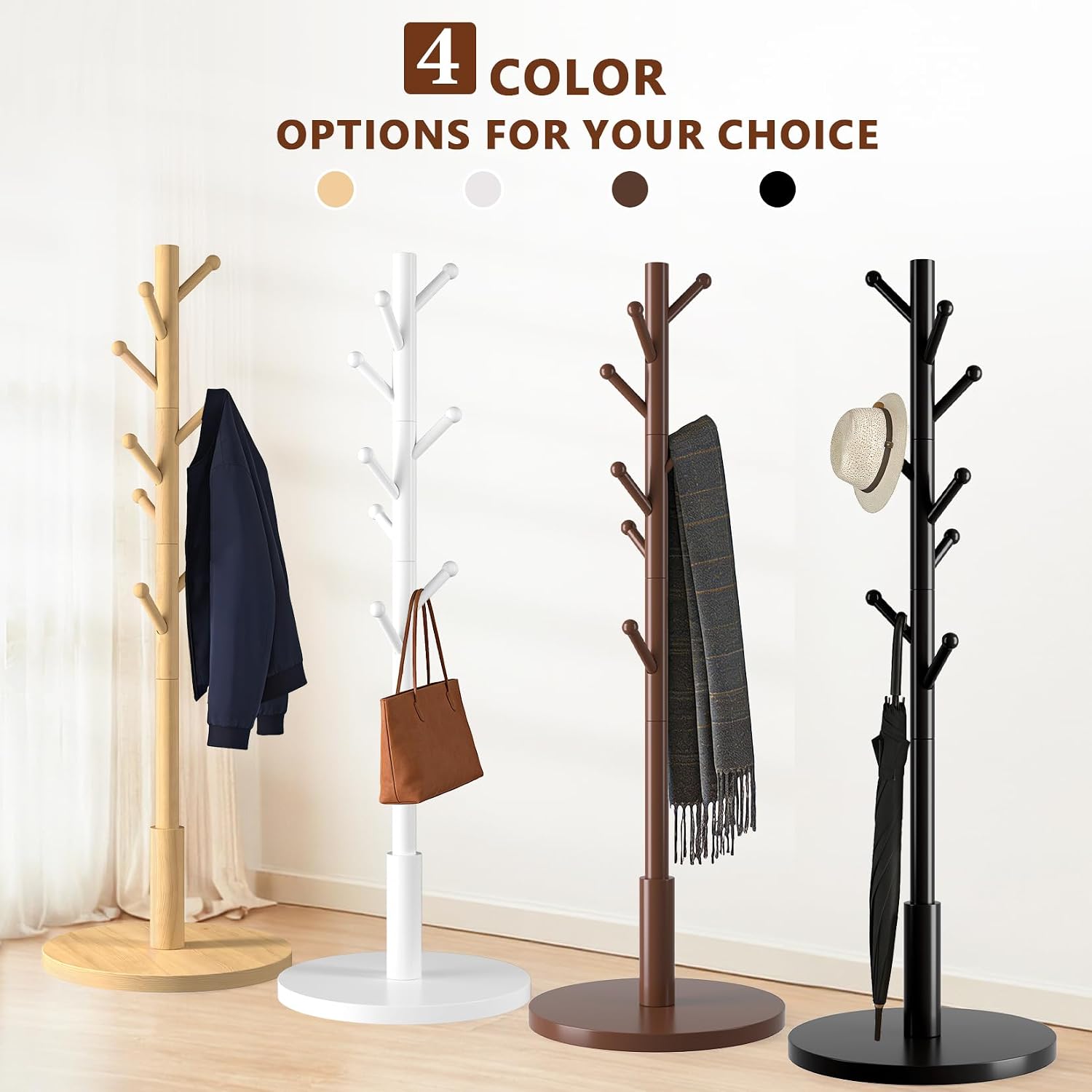 Coat Rack Freestanding Wooden Coat Tree Stand with 8 Round-tip Hooks, 3 Adjustable heights Coat Hat Rack for Entryway,Bedroom,Hallway,Office (Black)