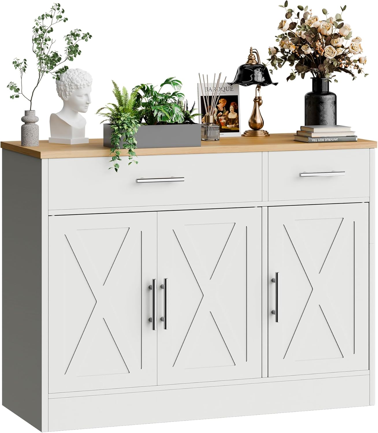 SUNLEI Kitchen Buffet Sideboard Cabinet with Storage, Farmhouse Kitchen Cabinet with 3 Doors and 2 Drawers, Coffee Bar Cabinet with Storage for Living Room, White