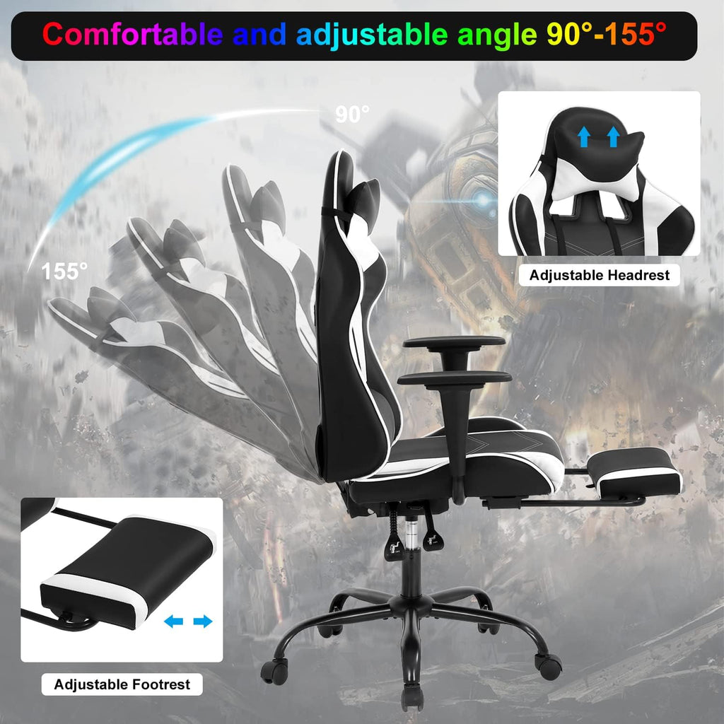 Gaming Chair Computer Chair Ergonomic Gaming Chair with Footrest Reclining High Back Video Game Chair with Lumbar Support Headrest Armrest Swivel Seat for Teen (White)