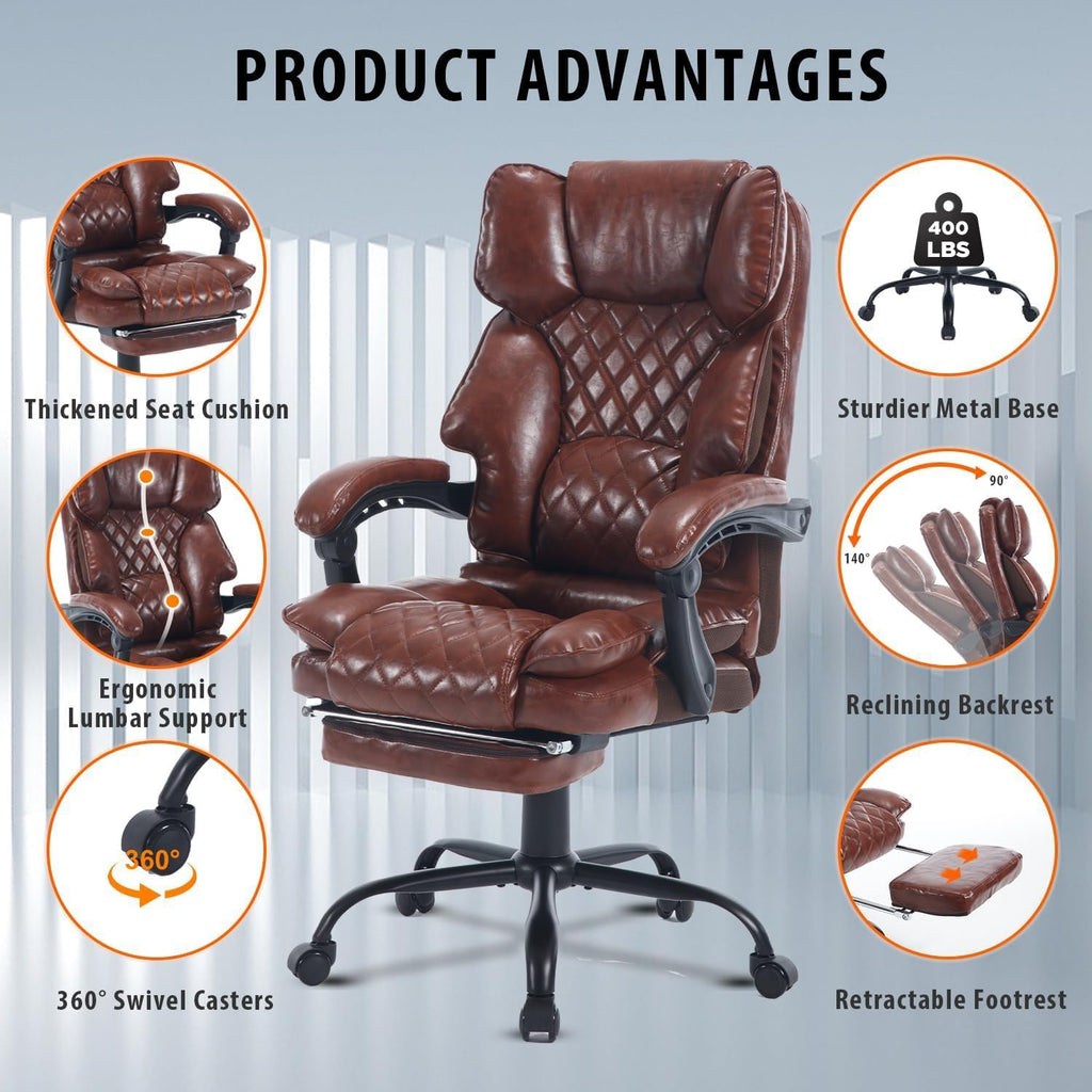 Reclining Ergonomic Executive Office Chair With Footrest, 400lbs Big Tall Recliner Desk Chairs with Lumbar Support, Heavy Duty High Back Vintage Leather Home Computer Chair with Wheels, Brown