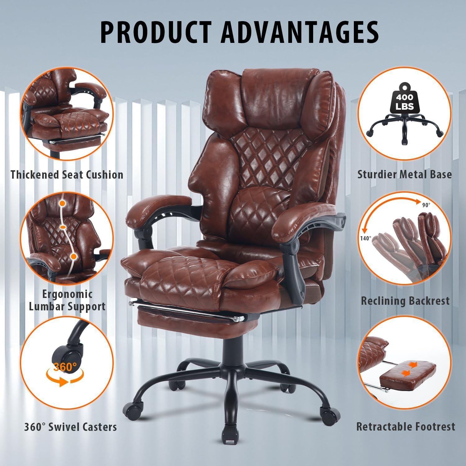Reclining Ergonomic Executive Office Chair With Footrest, 400lbs Big Tall Recliner Desk Chairs with Lumbar Support, Heavy Duty High Back Vintage Leather Home Computer Chair with Wheels, Brown