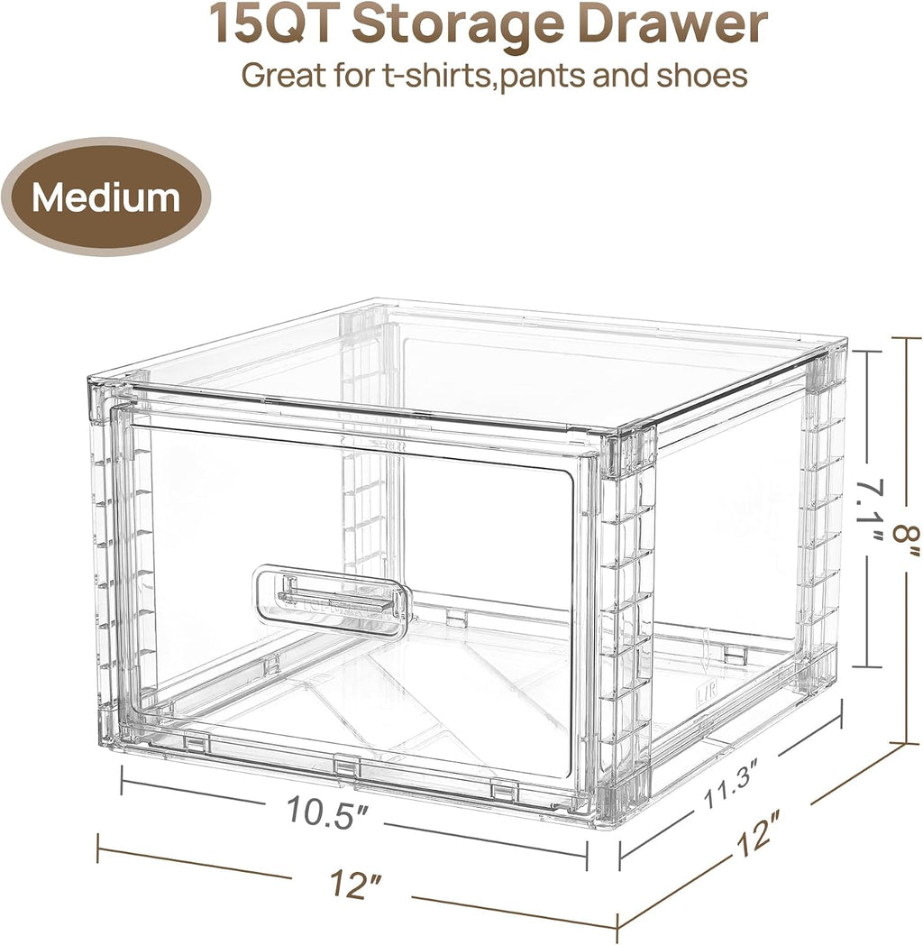 Vtopmart 4 Pack Clear Stackable Storage Drawers 15QT, Easily Assemble Closet Organizers,Plastic Storage Bins for Bathroom,Cabinet,Kitchen Pantry,Under Sink Organization(Medium)