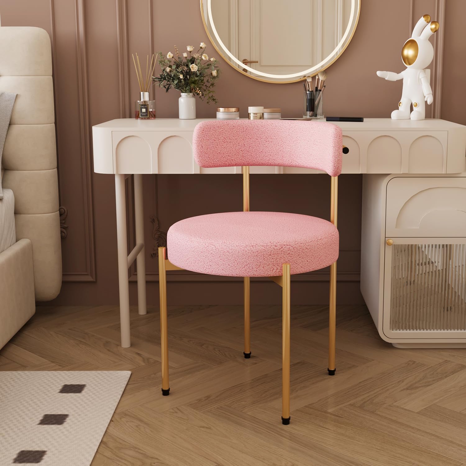 Desk Chair No Wheels Vanity Chair Comfy Accent Chairs for Living Dining Room Bedroom Home Office Mid Century Modern Upholstered Armless with Metal Legs (Gold Frame+Pink, 1)