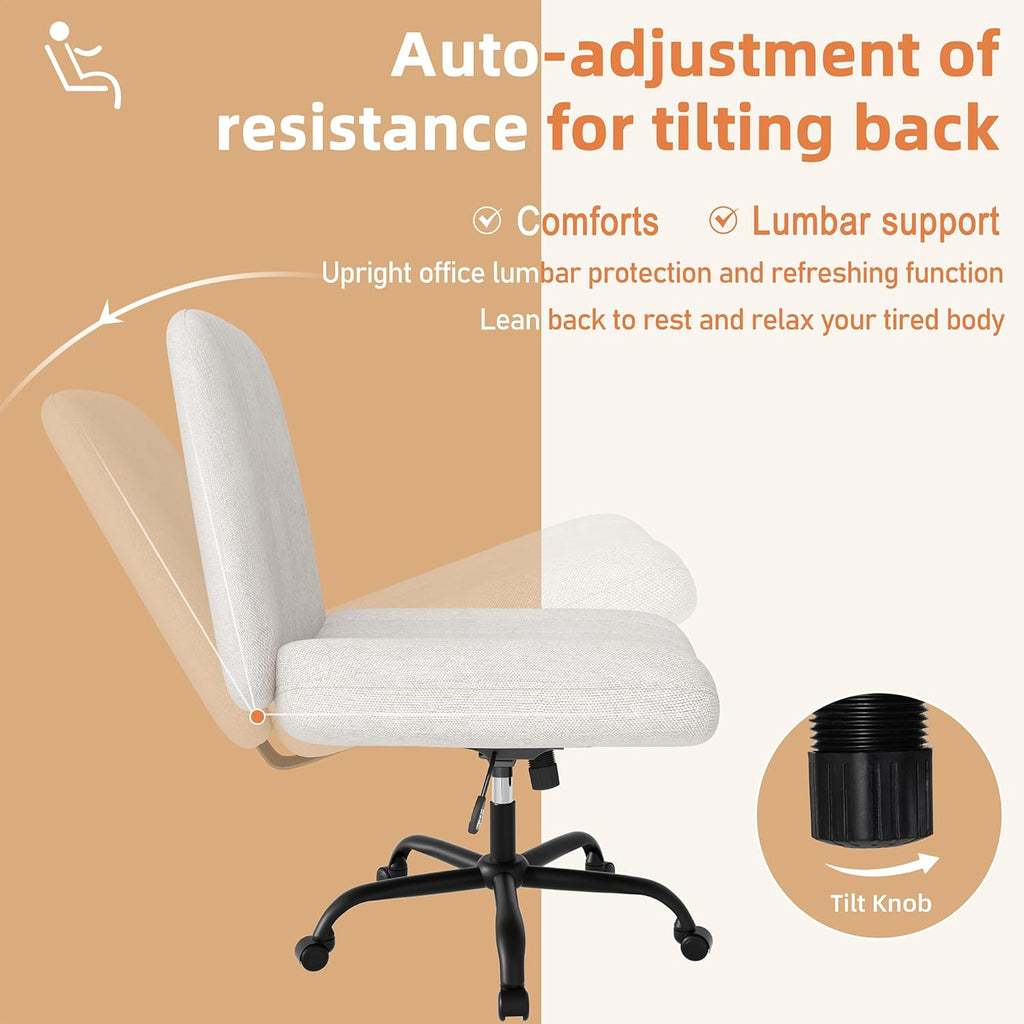 Shintenchi Criss Cross Chair,Cross Legged Office Seat with Wheels Armless Swivel Vanity Chair,Height Adjustable Wide Computer Task Seating for Home Office,Beige