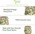 Nearly Natural 6.5in Ceramic Decorative Vase Tuscan Style Green Floral Scroll Design for Indoor Home Decor Centerpieces Tables Small Flower Vases