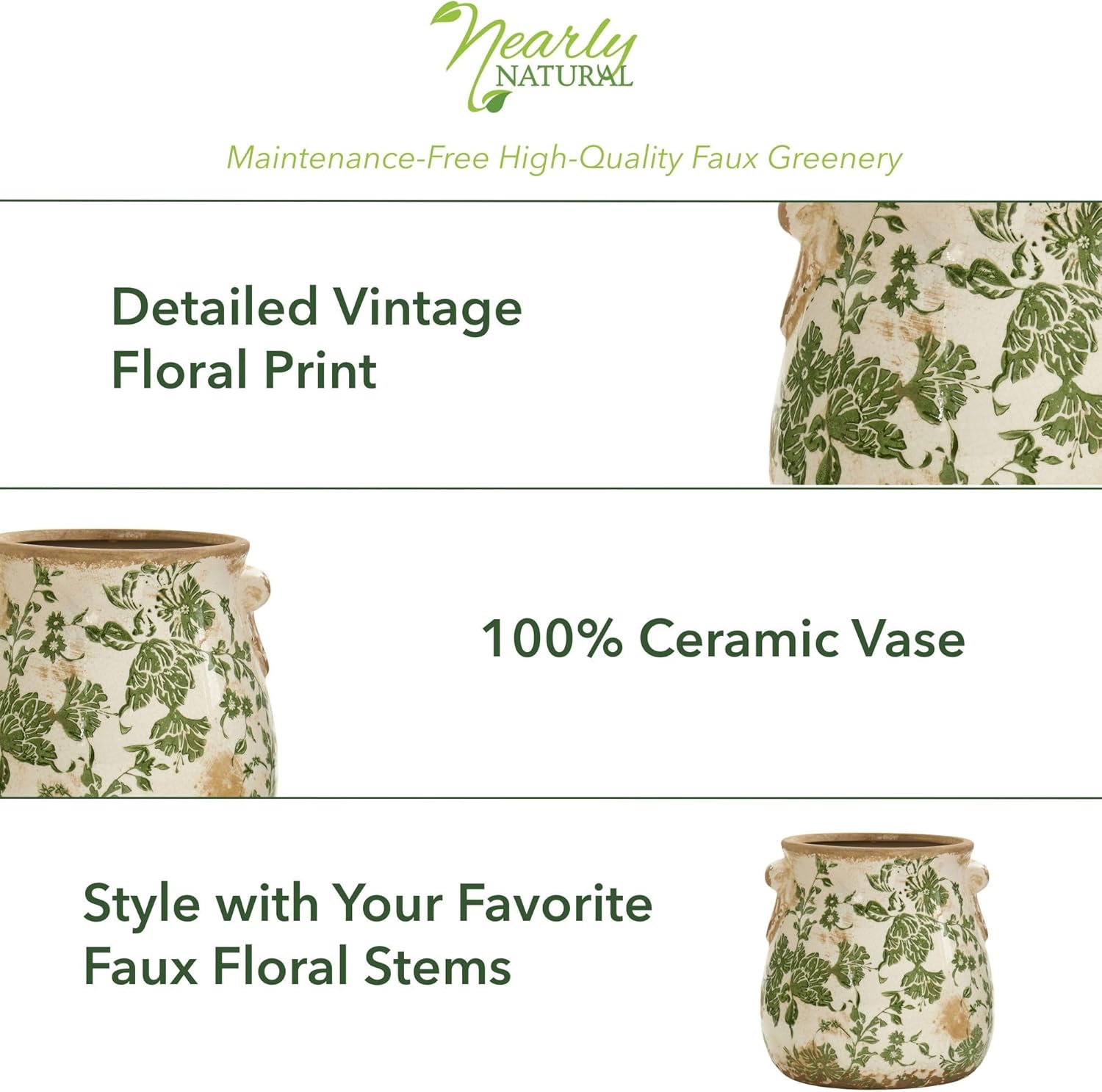 Nearly Natural 6.5in Ceramic Decorative Vase Tuscan Style Green Floral Scroll Design for Indoor Home Decor Centerpieces Tables Small Flower Vases