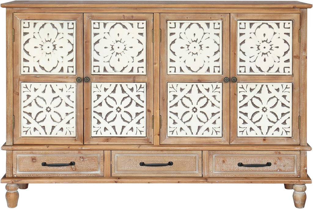 LKTART 59" French Country Vintage Sideboard Buffet Cabinet with Embossed Floral Metal Doors and Solid Wood Frame, Retro Storage Cabinet for Kitchen, Living Room,Natural Wood