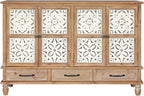 LKTART 59" French Country Vintage Sideboard Buffet Cabinet with Embossed Floral Metal Doors and Solid Wood Frame, Retro Storage Cabinet for Kitchen, Living Room,Natural Wood