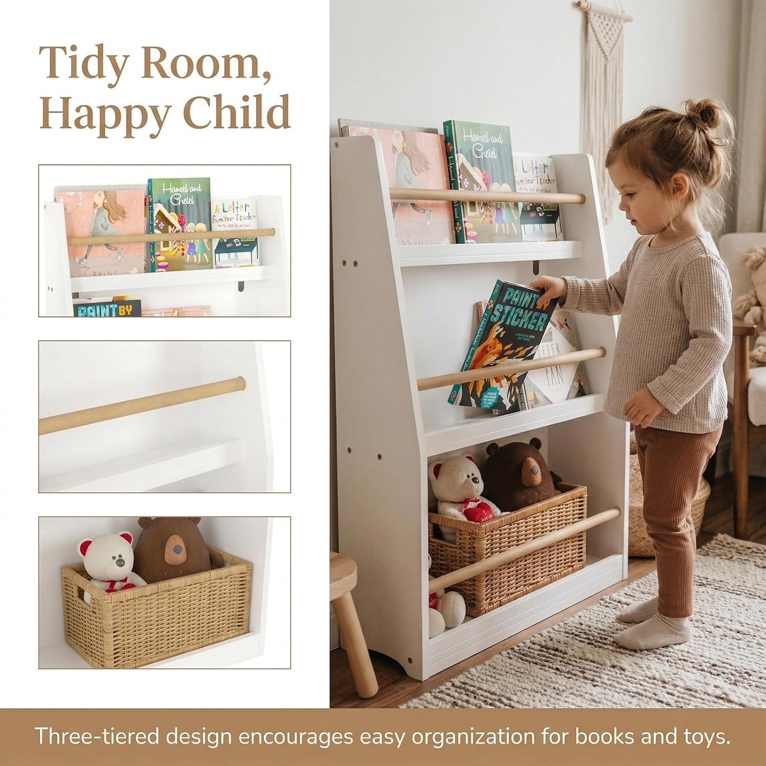 CASIRIS 3-Tier Kids Book Shelf — Compact MDF Kids Book Rack for Reading Corners, Bedrooms, Playrooms, Nurseries, Classrooms, and Homeschool Spaces (Pink)