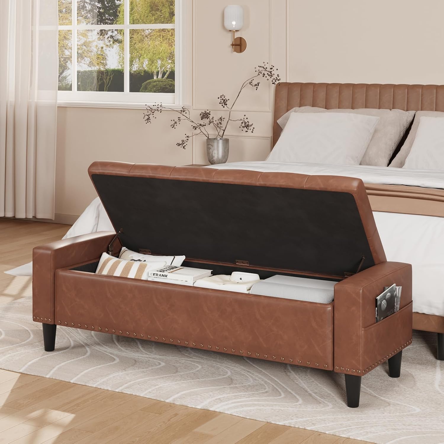 60" Storage Ottoman Bench, Faux Leather Upholstered Bed Bench with Tufted Buttons and Nailhead Trim, Large Ottoman with Storage for King Size End of Bed, Bedroom, Entryway, Hallway (brown)