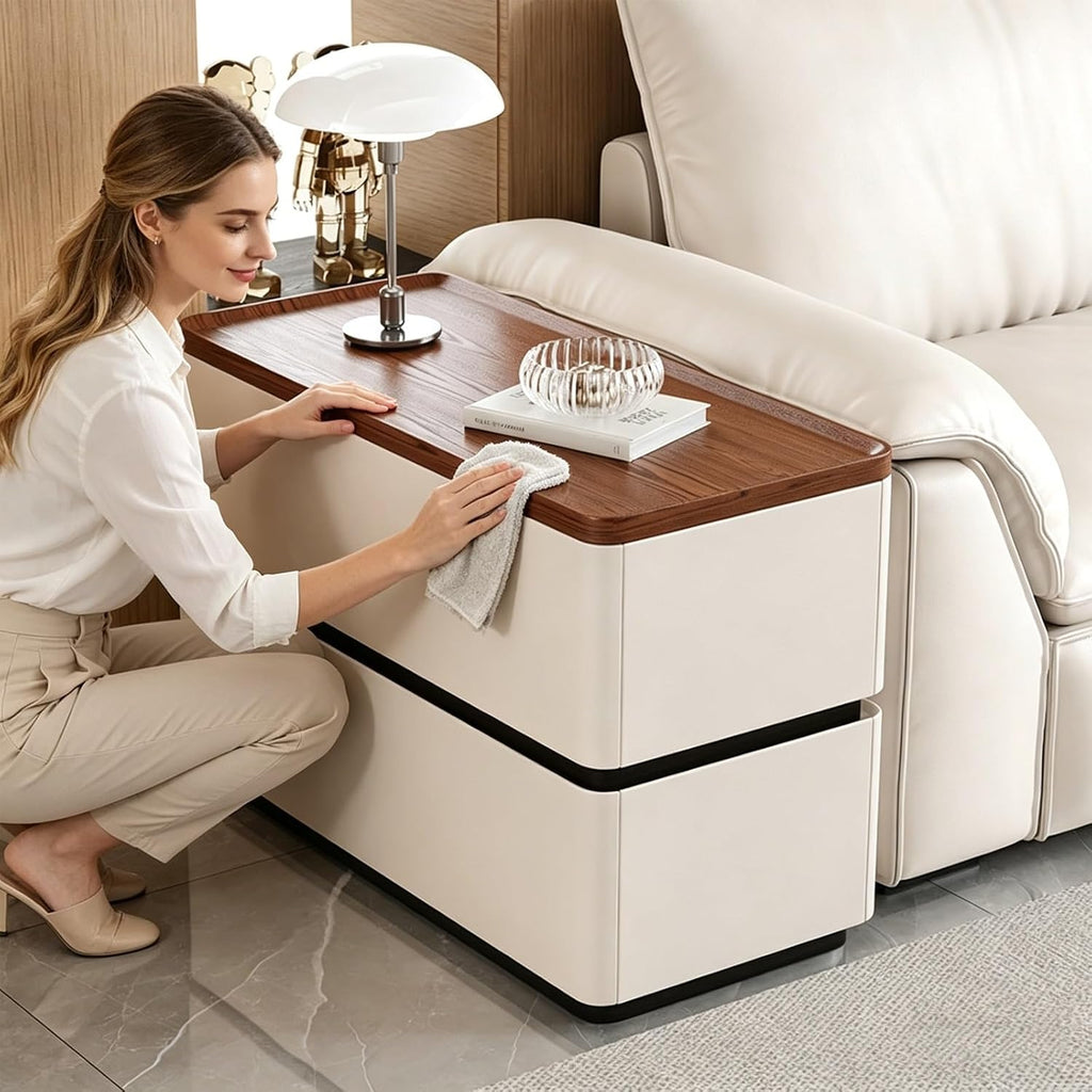 31.5" Modern Narrow Side Table for Sofa Bedside Nightstand with 2 Storage Drawers Solid Wood Frame Leather Wrapped for Living Room Bedroom Office(Gray,80x40cm/31.5x15.7in)