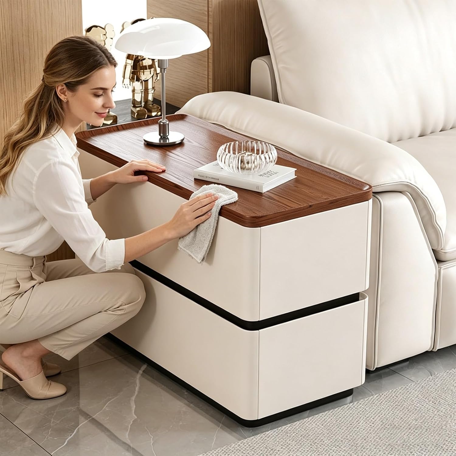31.5" Modern Narrow Side Table for Sofa Bedside Nightstand with 2 Storage Drawers Solid Wood Frame Leather Wrapped for Living Room Bedroom Office(Gray,80x40cm/31.5x15.7in)