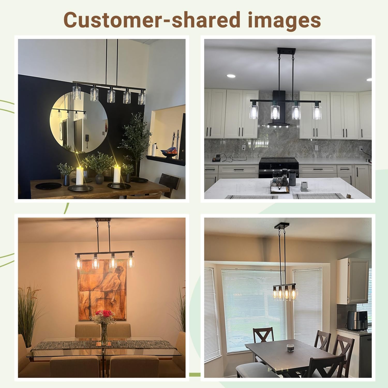 4-Light Kitchen Island Lighting, Black Simplicity Bar Island Lights for Kitchen, Farmhouse Chandelier with Adjustable Height & Clear Glass Shades, Linear Hanging Dining Room Light Fixture Over Table