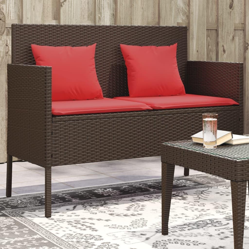 Patio Bench with Cushions, Brown Poly Rattan Outdoor Storage Bench with Waterproof Bag and Thick Cushion