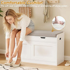 2-Tier Storage Bench, 39.4" Wide Shoe Bench with Lift-Up Top, Shoe Storage Bench with Cushion, Shoe Cabinet with Handleless Doors and Adjustable Shelf for Entryway, Bedroom, White KHD02W