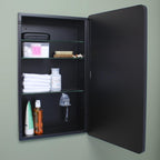 16x26 Austin Farmhouse Metal Framed Rounded Rectangle Recessed Bathroom Medicine Cabinet, Beveled Mirror, 14x24 in-Wall Opening, powder-coated Steel, Adjustable Glass Shelves, Magnet Close, Black