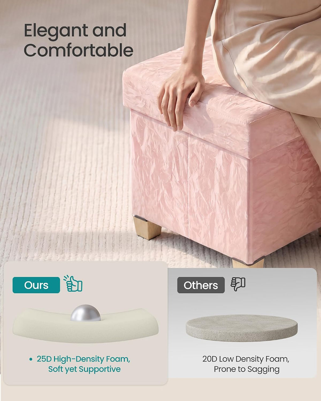 SONGMICS Storage Ottoman, Textured PU Leather Footstool with Legs, Footrest with Cushion, for Living Room and Bedroom, 15 x 15 x 15.7 Inches, Pink, Minota Collection ULSF523WD01