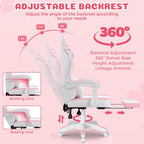 HOFFREE Pink Gaming Chair with Cat Ears and Cloud Massage Lumbar Ergonomic Cute Computer Chair for Girls with Footrest Comfortable Reclining Game Chairs for Adults Pink and White