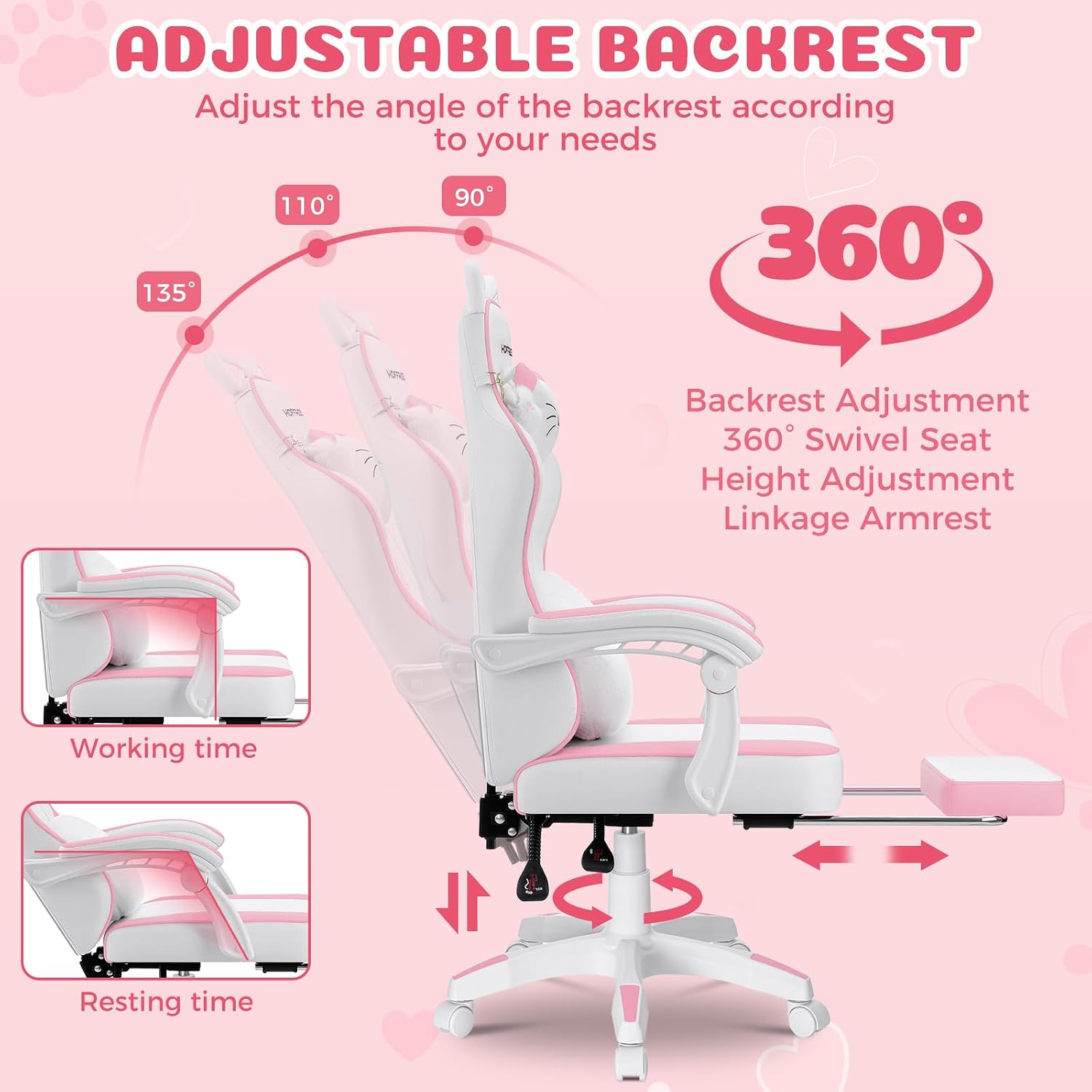 HOFFREE Pink Gaming Chair with Cat Ears and Cloud Massage Lumbar Ergonomic Cute Computer Chair for Girls with Footrest Comfortable Reclining Game Chairs for Adults Pink and White