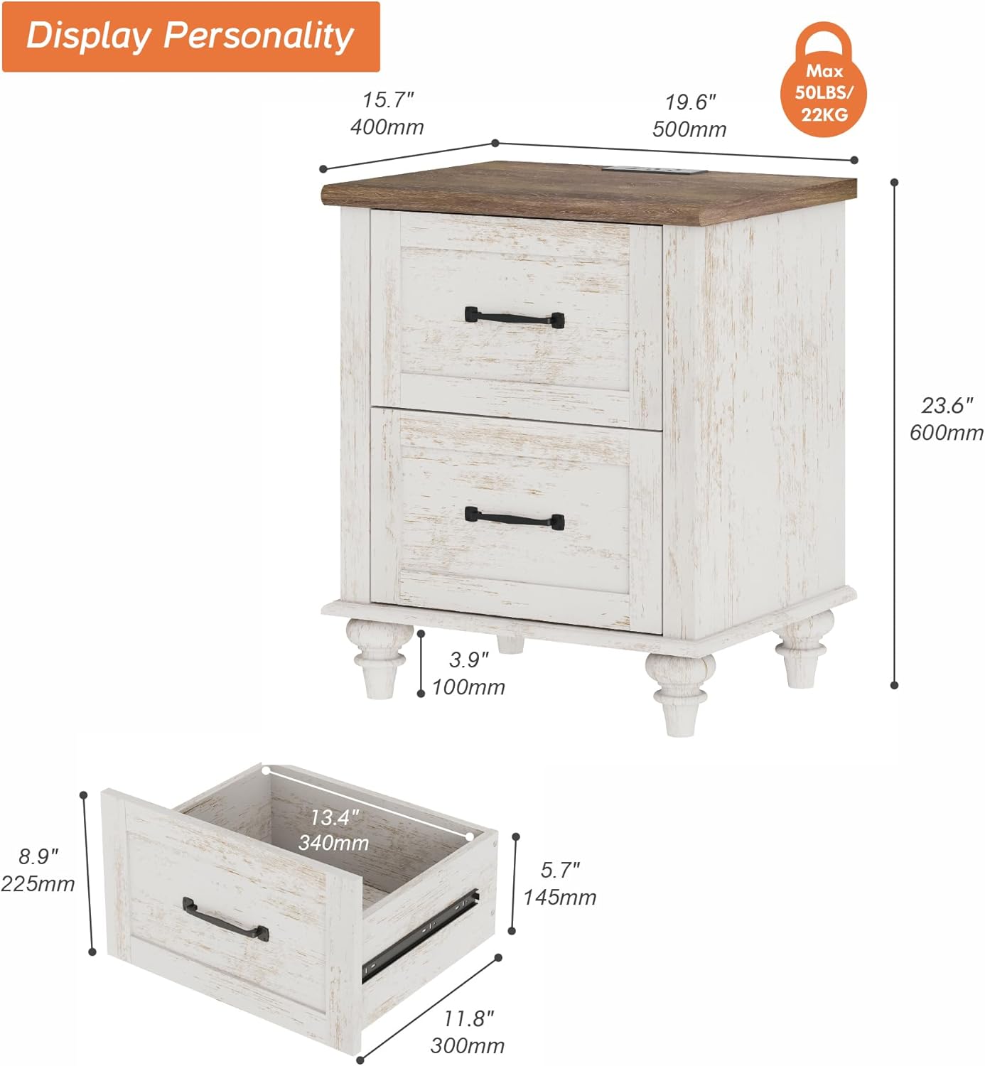 WAMPAT Antique White Side Table Nightstand with Charging Station, Wood End Table with 2 Drawers for Living Room, Rustic Night Stand Farmhouse Bedside Table for Bedroom, Kids Room
