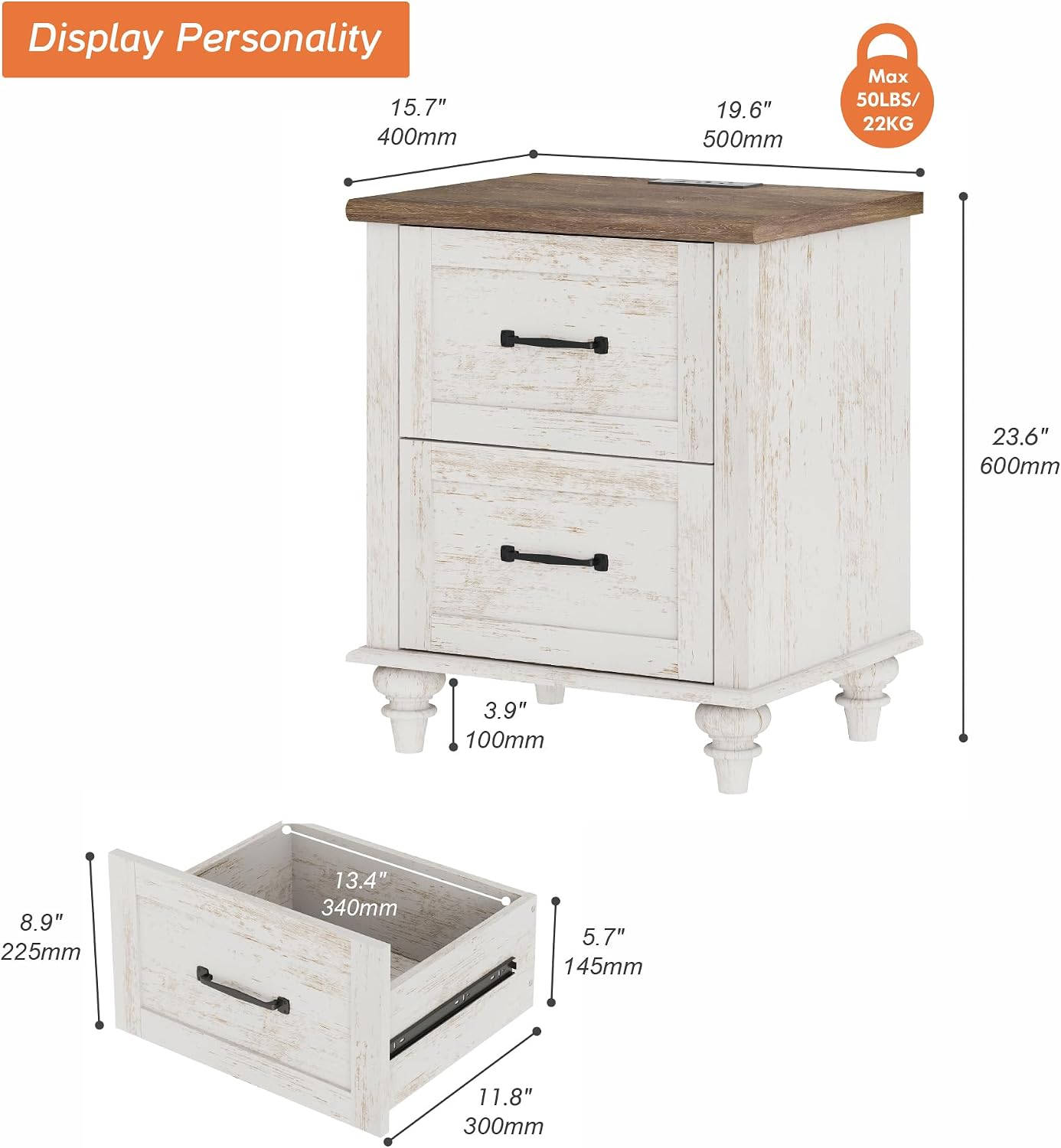 WAMPAT Nightstand Side Table with Charging Station, Antique White End Table with 2 Drawers for Living Room, Elegant Night Stand Bedside Table for Bedroom, Dorm
