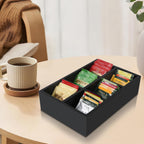 Tea Bag Box Black 6 Compartments Tea Organizer Storage Wood Drawer Station | Tea Bag Holder Large Sugar Packet Holder Coffee Bar Station Sweeteners Condiment Organizer Tea Bag Organizer Caddy