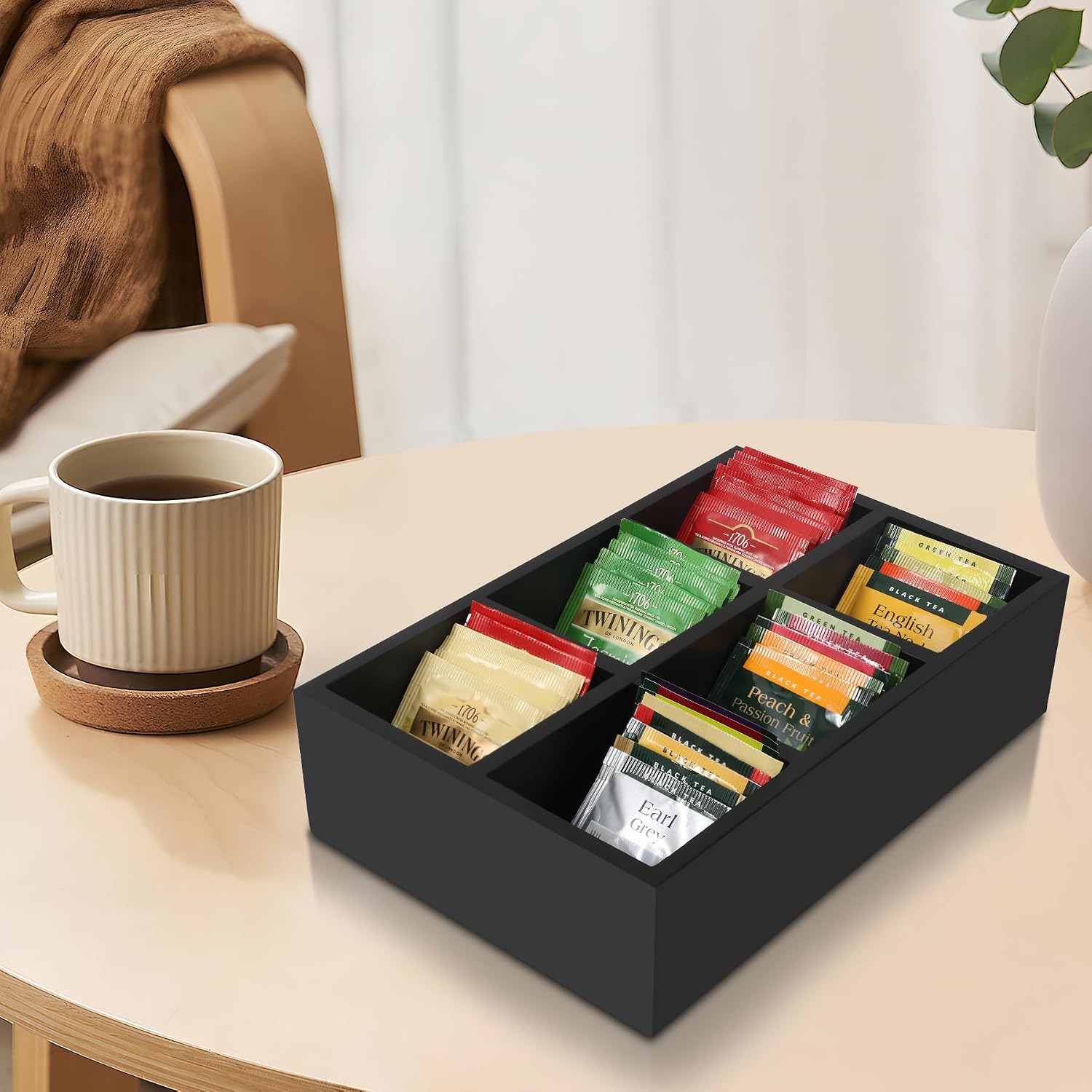 Tea Bag Box Black 6 Compartments Tea Organizer Storage Wood Drawer Station | Tea Bag Holder Large Sugar Packet Holder Coffee Bar Station Sweeteners Condiment Organizer Tea Bag Organizer Caddy