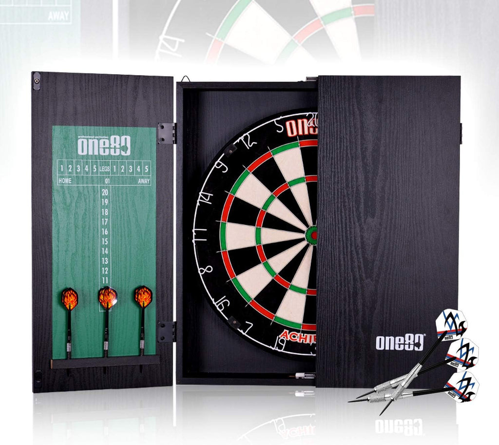 ONE80 All-in-One Dartgame Center with Self-Healing Sisal/Double-Sided Dartboard & Multifunctional Cabinet 6 Steeltip Darts and Mounting Kit Included