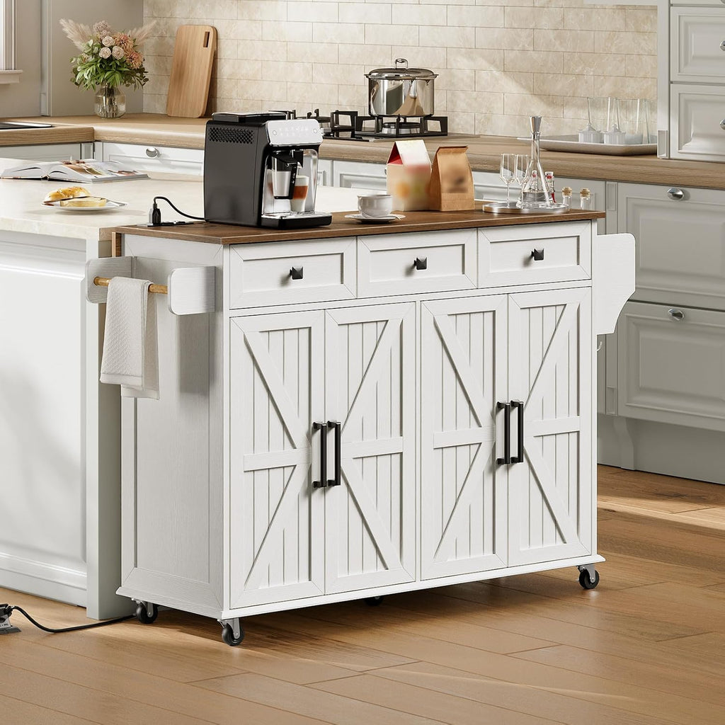 RALGEND Kitchen Island with Drop Leaf & Power Outlet, Rolling Kitchen Island Cart On Wheels, Barn Door Kitchen Island Table with Storage and Tower Rack, Island Table for Kitchen, White and Walnut