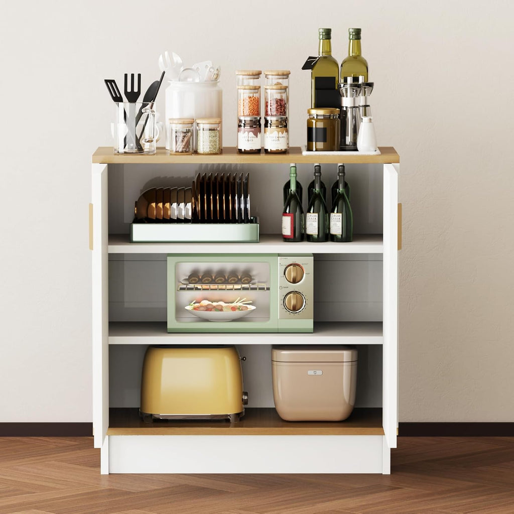 PROXRACER 32" Sideboard Buffet Cabinet with Storage, Adjustable Shelves & Shaker Doors, Rustic Storage Cabinet with Gold Handles for Kitchen, Dining Room, White