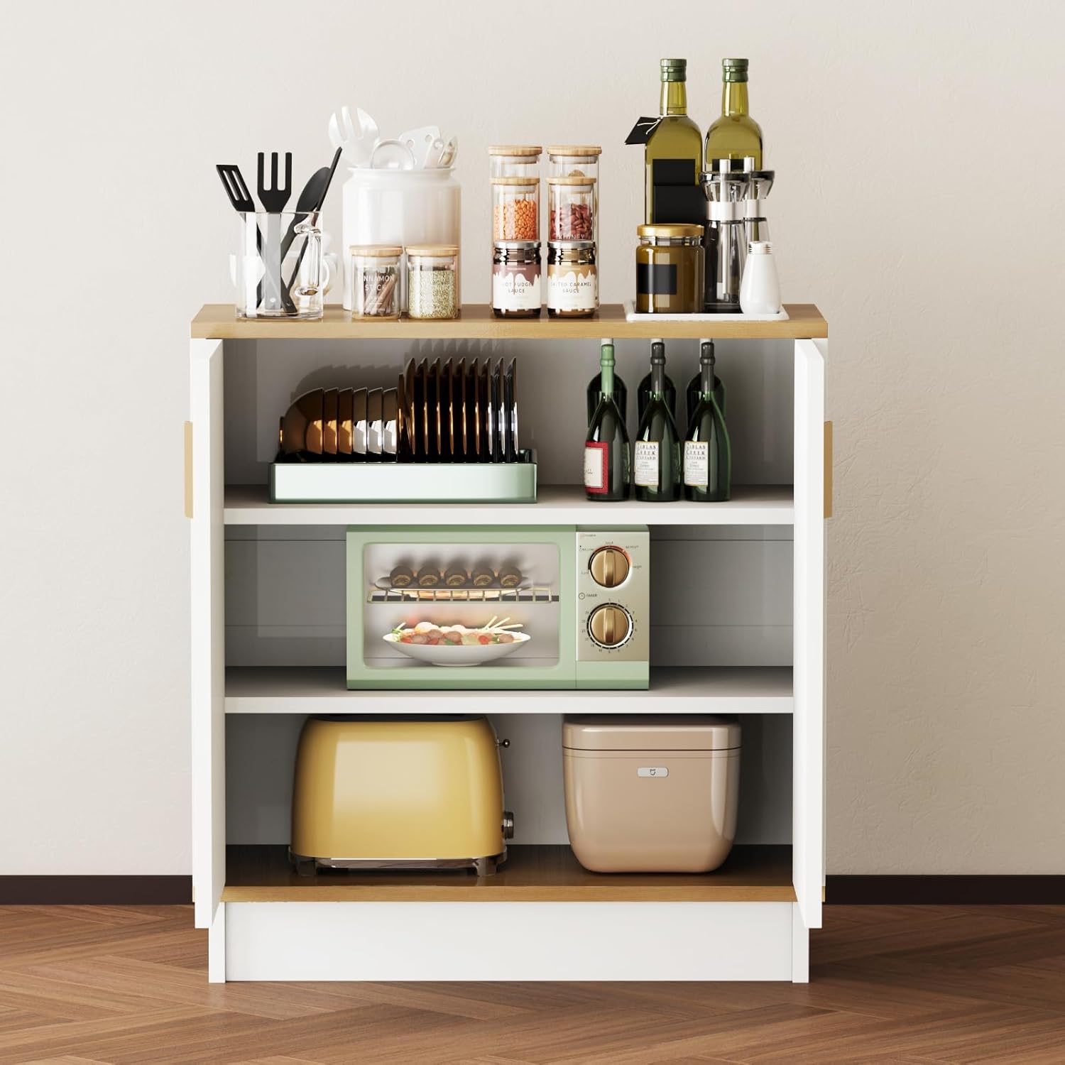 PROXRACER 32" Sideboard Buffet Cabinet with Storage, Adjustable Shelves & Shaker Doors, Rustic Storage Cabinet with Gold Handles for Kitchen, Dining Room, White
