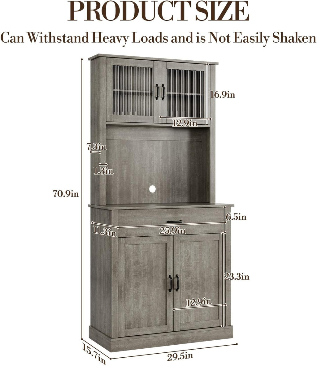 Farmhouse Pantry Cabinet, 71" Tall Kitchen Hutch Cabinets with Storage Drawer, Open Countertop, Glass Doors, Adjustable Shelves, Cable Hole for Dining Room, Living Room, Ash Grey