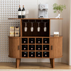 35.4" Oval Wine Bar Cabinet with 12 Racks 4 Glass Holders, Small Coffee Bar Cabinet with Sliding Tambour Door for Home, Kitchen, Living Room, Walnut