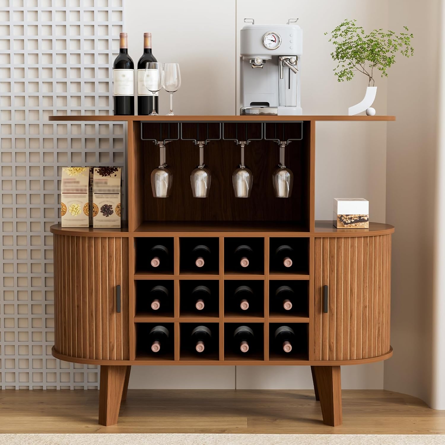 35.4" Oval Wine Bar Cabinet with 12 Racks 4 Glass Holders, Small Coffee Bar Cabinet with Sliding Tambour Door for Home, Kitchen, Living Room, Walnut