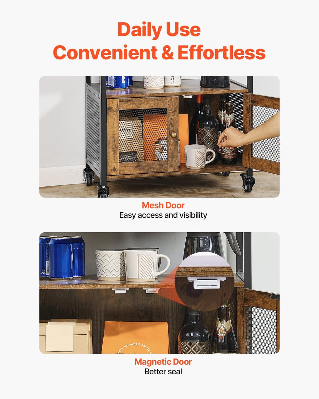 VEVOR Coffee Bar Cabinet, 24 Inch Farmhouse Bar Cabinet with Storage, Movable Coffee Table with Wheels & Mesh Door, Sideboard Buffet for Kitchen, Entryway
