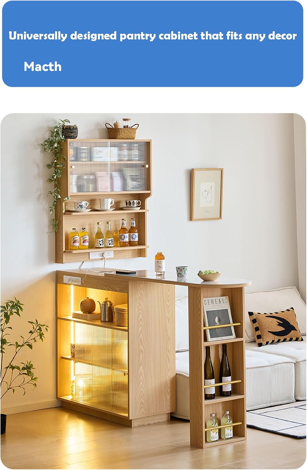 Wood Wall Mounted Pantry Cabinet with Doors, 4-Tier Kitchen Cabinet & Coffee Bar Storage for Dining Room, Living Room
