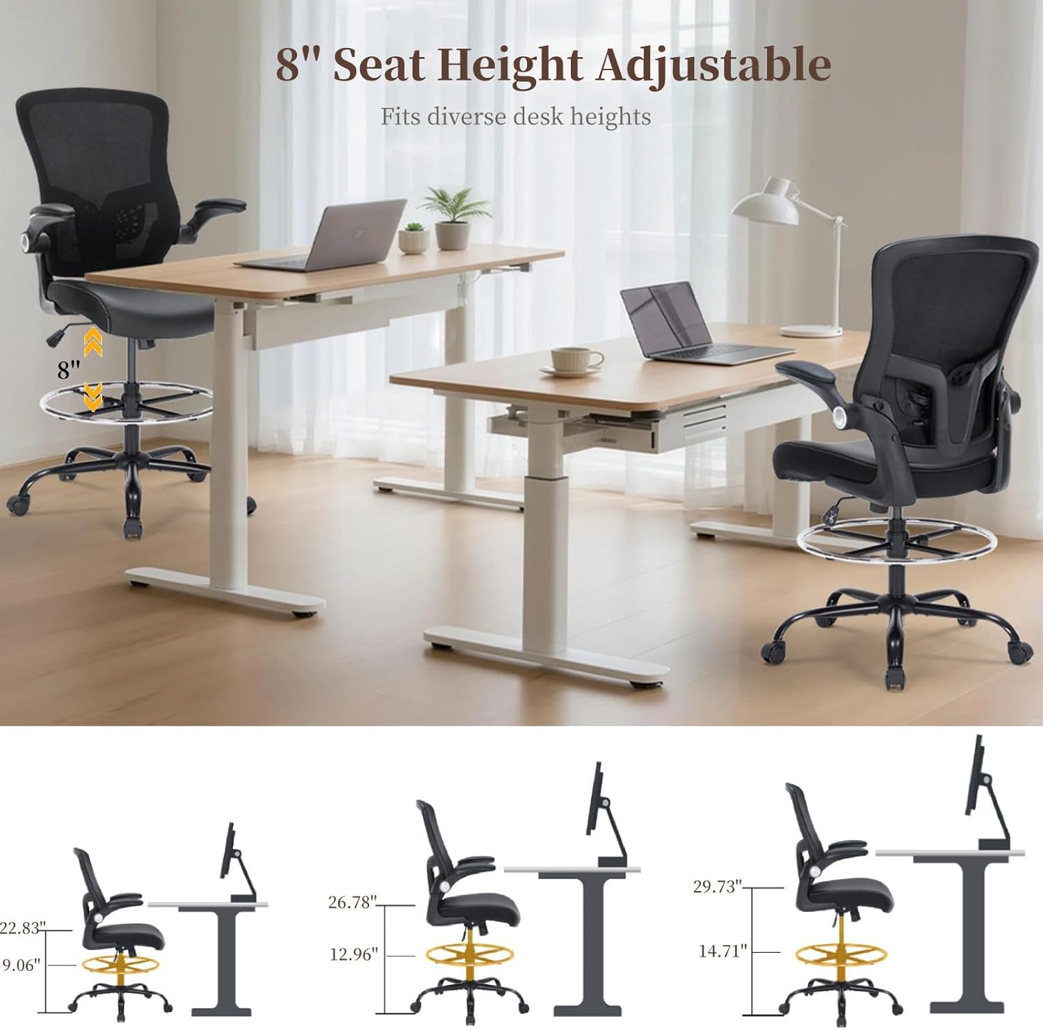 Drafting Chair, Tall Office Chair with PU Leather Seat, Ergonomic Standing Desk Chair with Lumbar Support Counter Height Office Chair with Adjustable Footrest Ring Flip-up Armrests