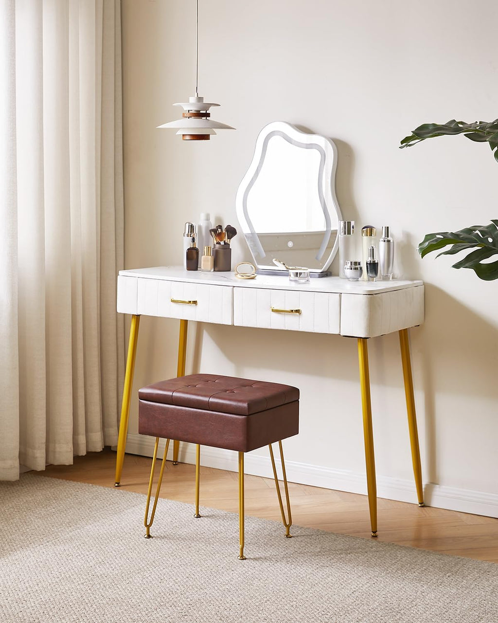 IBUYKE Multifunctional Storage Vanity Stool with Flip Tabletop, Adjustable Metal Legs & PU Leather, 40x30x48cm, Ottoman Footrest for Makeup, Living Room, Entryway, Brown WBD014Z
