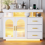 WOOVIVS LED Sideboard Buffet Cabinet with Charging Station, Wine Cabinets with Auto RGB Lighted, Modern Coffee Bar with 3 Drawers for Living Room, Dining Room, Kitchen (White)