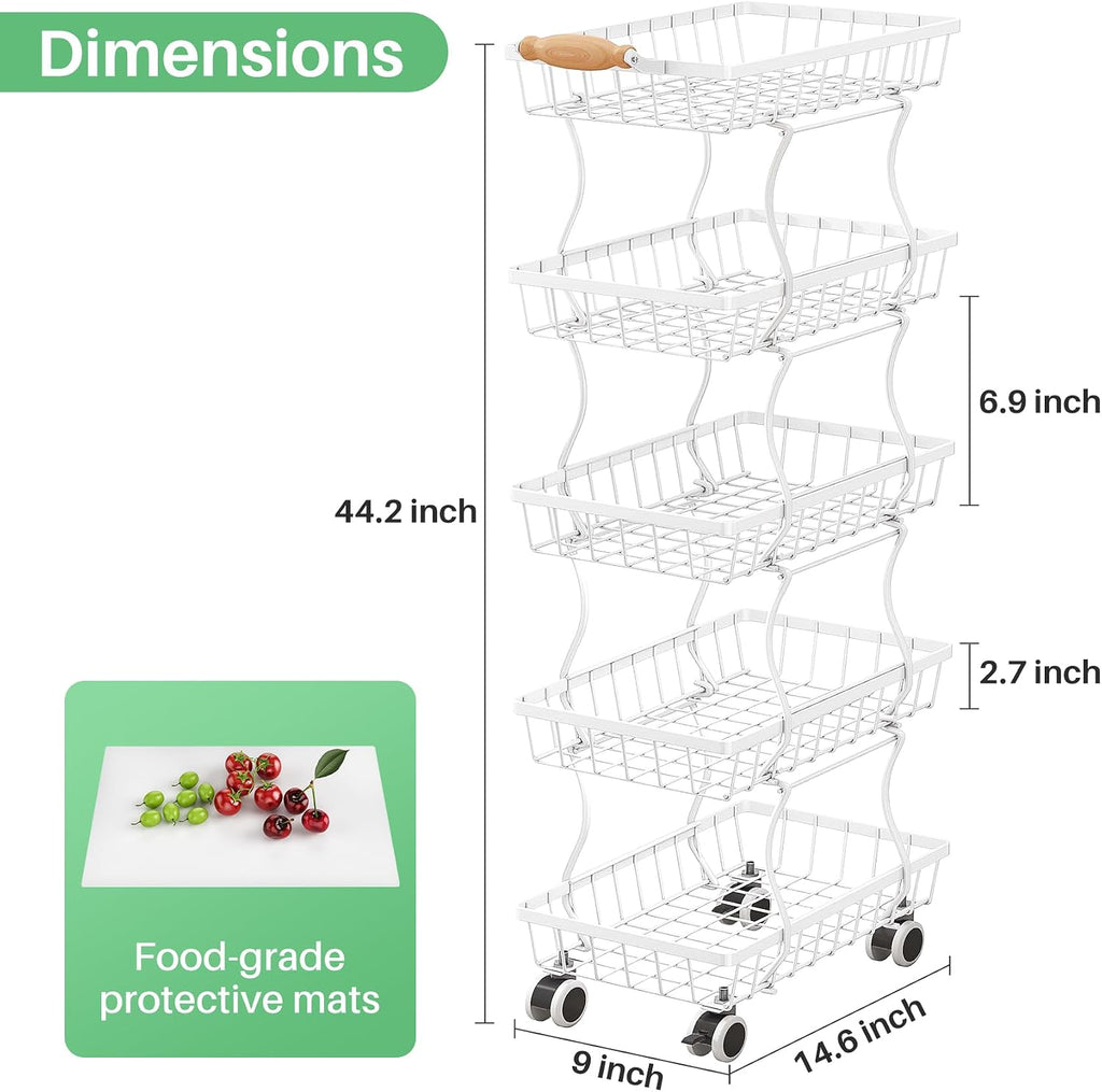 SAYZH Fruit Basket Kitchen Pantry Organizers and Storage - 5 Tier Stackable Metal Wire Basket Stand For Fruit Vegetable Snacks Jars Bins Containers Organization (White, 5 Tiers)