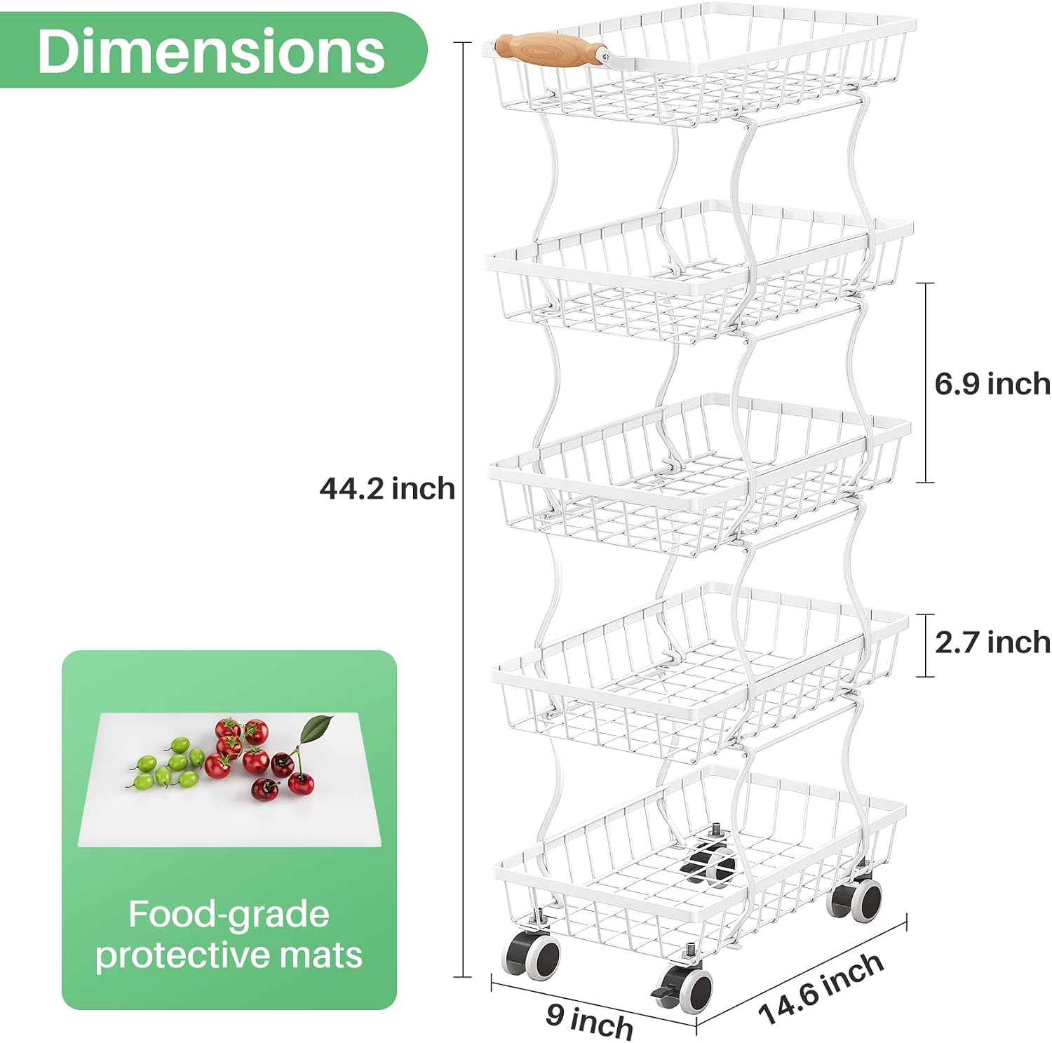SAYZH Fruit Basket Kitchen Pantry Organizers and Storage - 5 Tier Stackable Metal Wire Basket Stand For Fruit Vegetable Snacks Jars Bins Containers Organization (White, 5 Tiers)