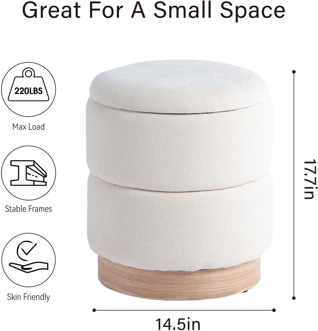 Get Set Style Round Ottoman with Storage, Modern Linen Ottoman Upholstered Foot Stools with Wood Base, Vanity Stool Chair, Footrest Stool Extra Seat for Living Room Bedroom Entryway (Beige)