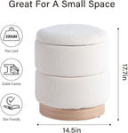 Get Set Style Round Ottoman with Storage, Modern Linen Ottoman Upholstered Foot Stools with Wood Base, Vanity Stool Chair, Footrest Stool Extra Seat for Living Room Bedroom Entryway (Beige)