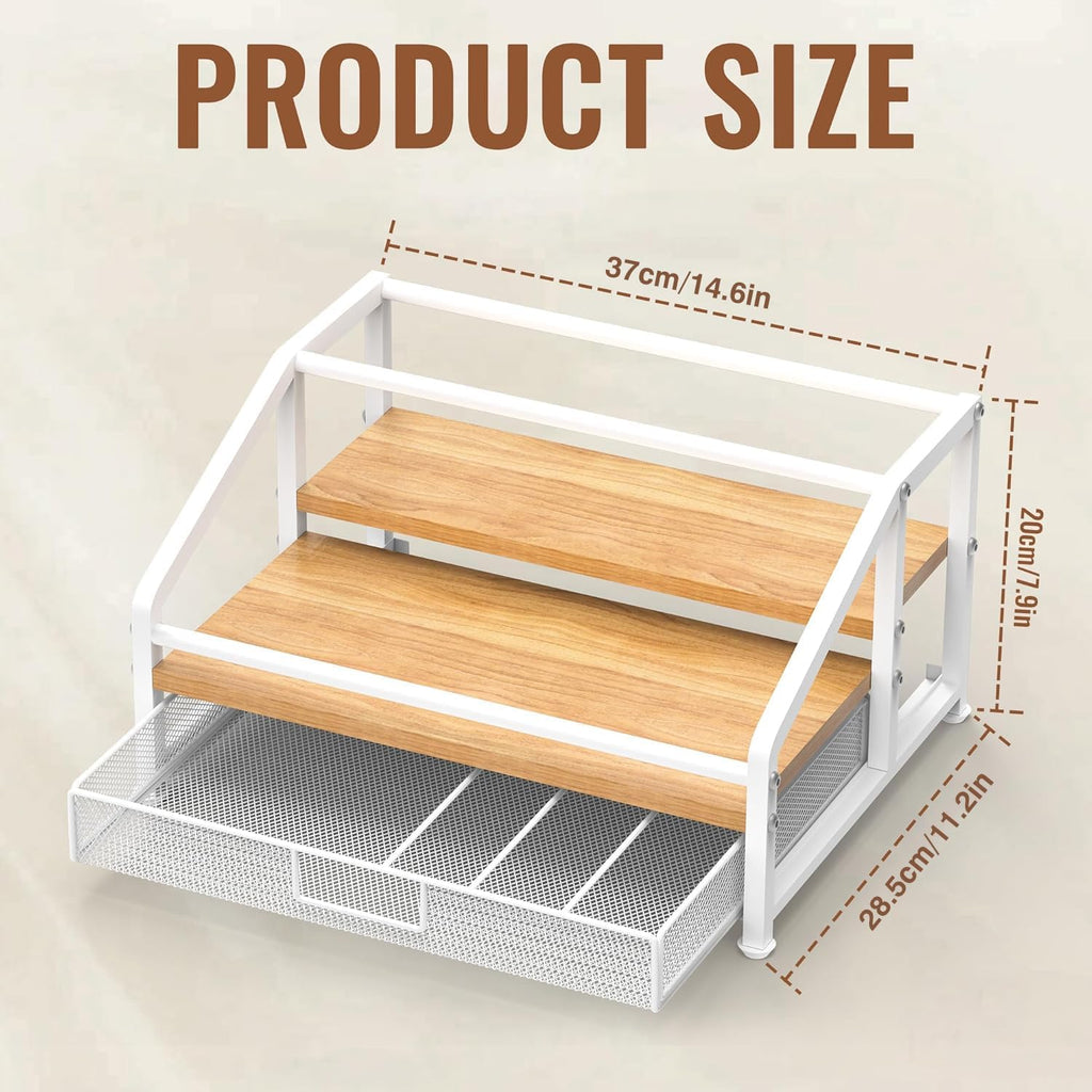 Alyoen Coffee Syrup Organizer Rack, 3-Tier Coffee Station Organizer for Countertop, Coffee Bar Organizer with 35K Cup Storage Basket, Coffee Syrup Holder Stand for Coffee Bar Accessory - White