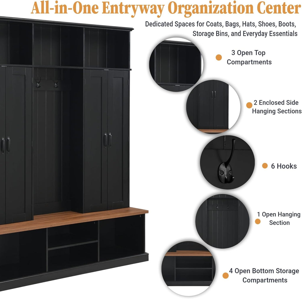 Hall Tree with Bench and Shoe Storage,Shoe and Coat Rack with Drawer and Hooks,Farmhouse Furniture for Entryway,Mudroom,Living Room,Black (Black, 62.2" W)