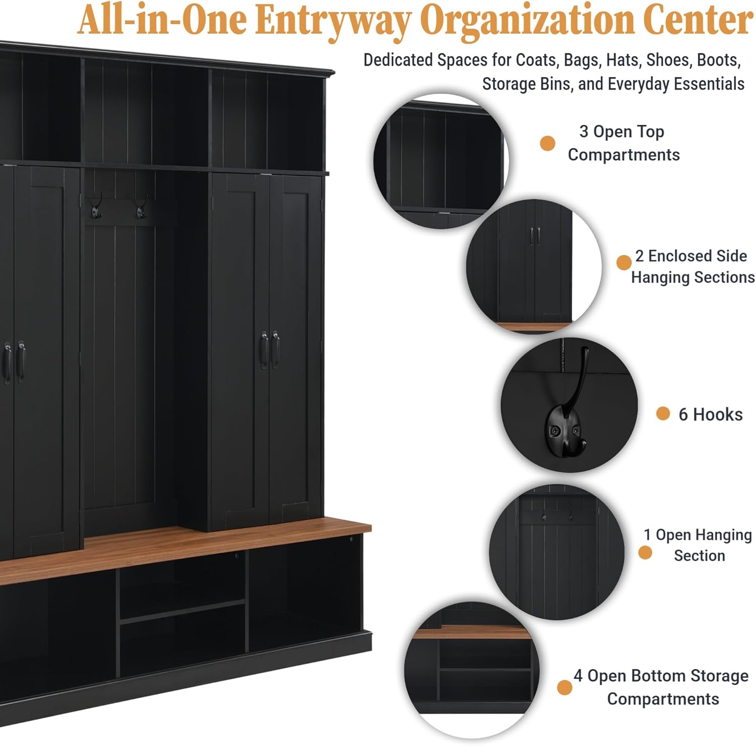 Hall Tree with Bench and Shoe Storage,Shoe and Coat Rack with Drawer and Hooks,Farmhouse Furniture for Entryway,Mudroom,Living Room,Black (Black, 62.2" W)