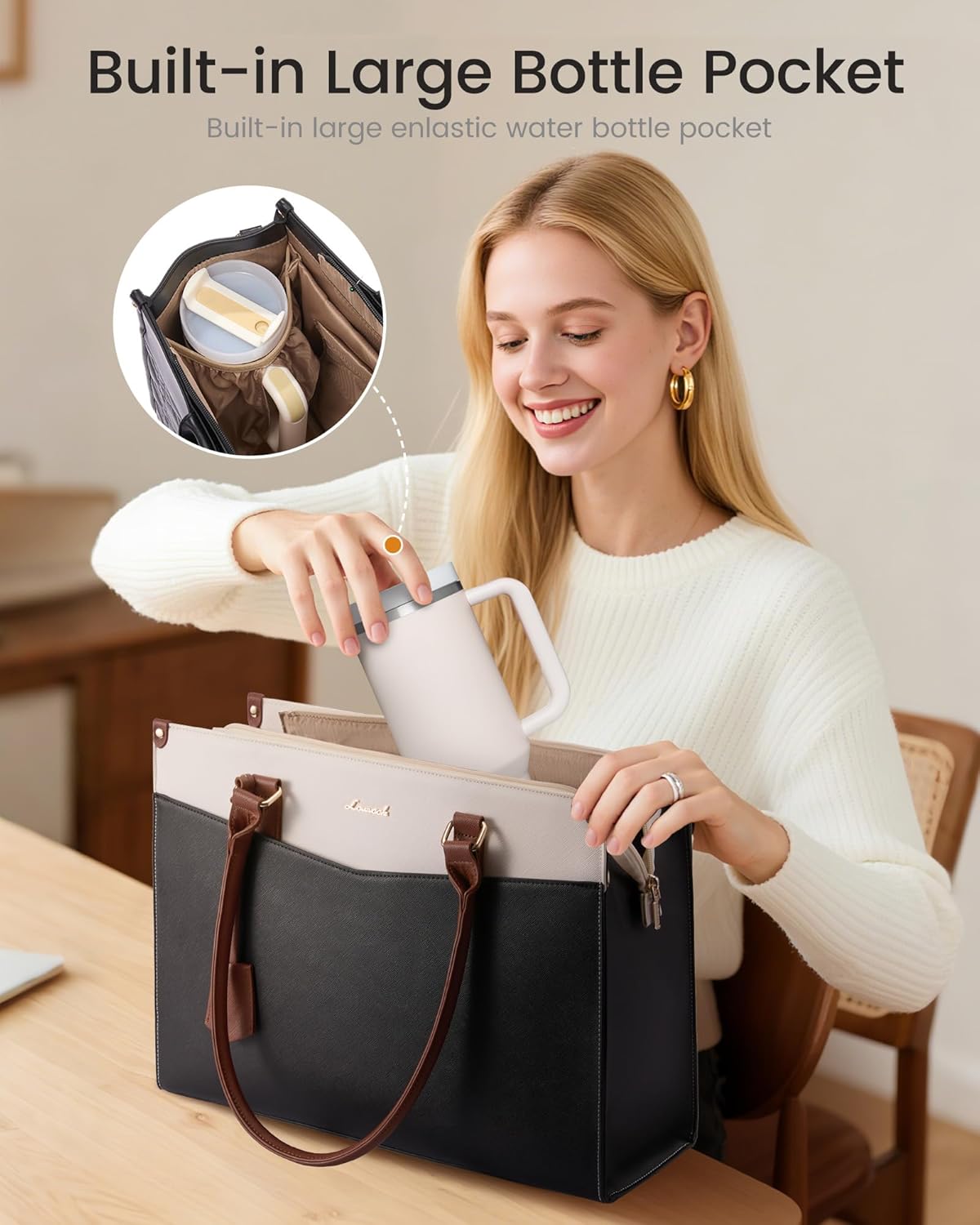 LOVEVOOK Laptop Lunch Bag for Women 15.6 Inch, Waterproof Tote Purse with Cup Holder & Elegant Clutch